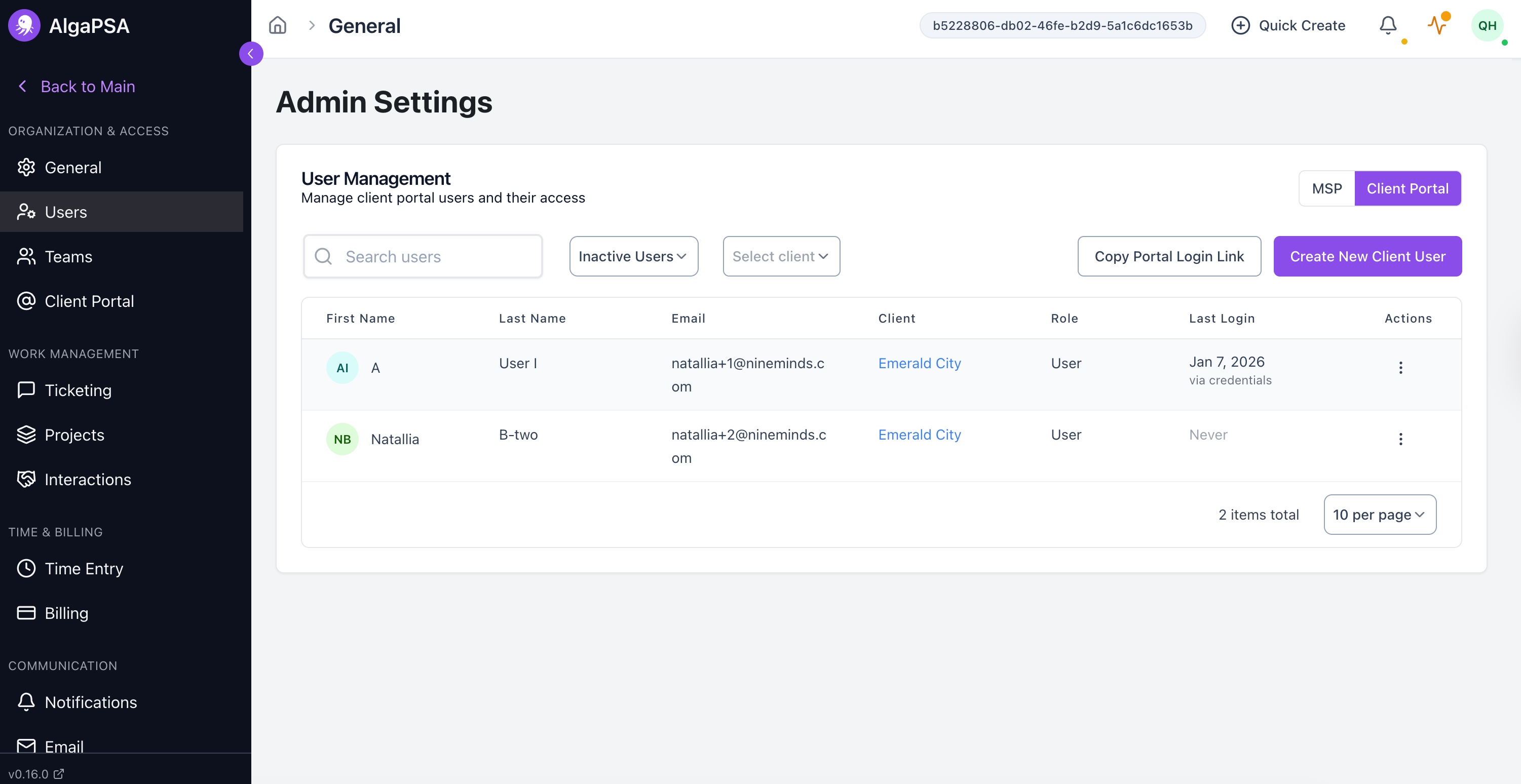 inactive clients settings